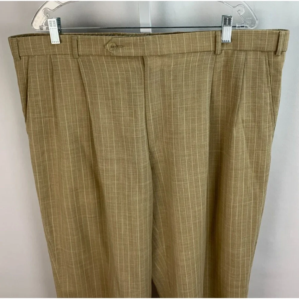 Maus & Hoffman 42 x 27 Tan Cream Pinstripe Pants Pleated Trousers LINEN MENS
